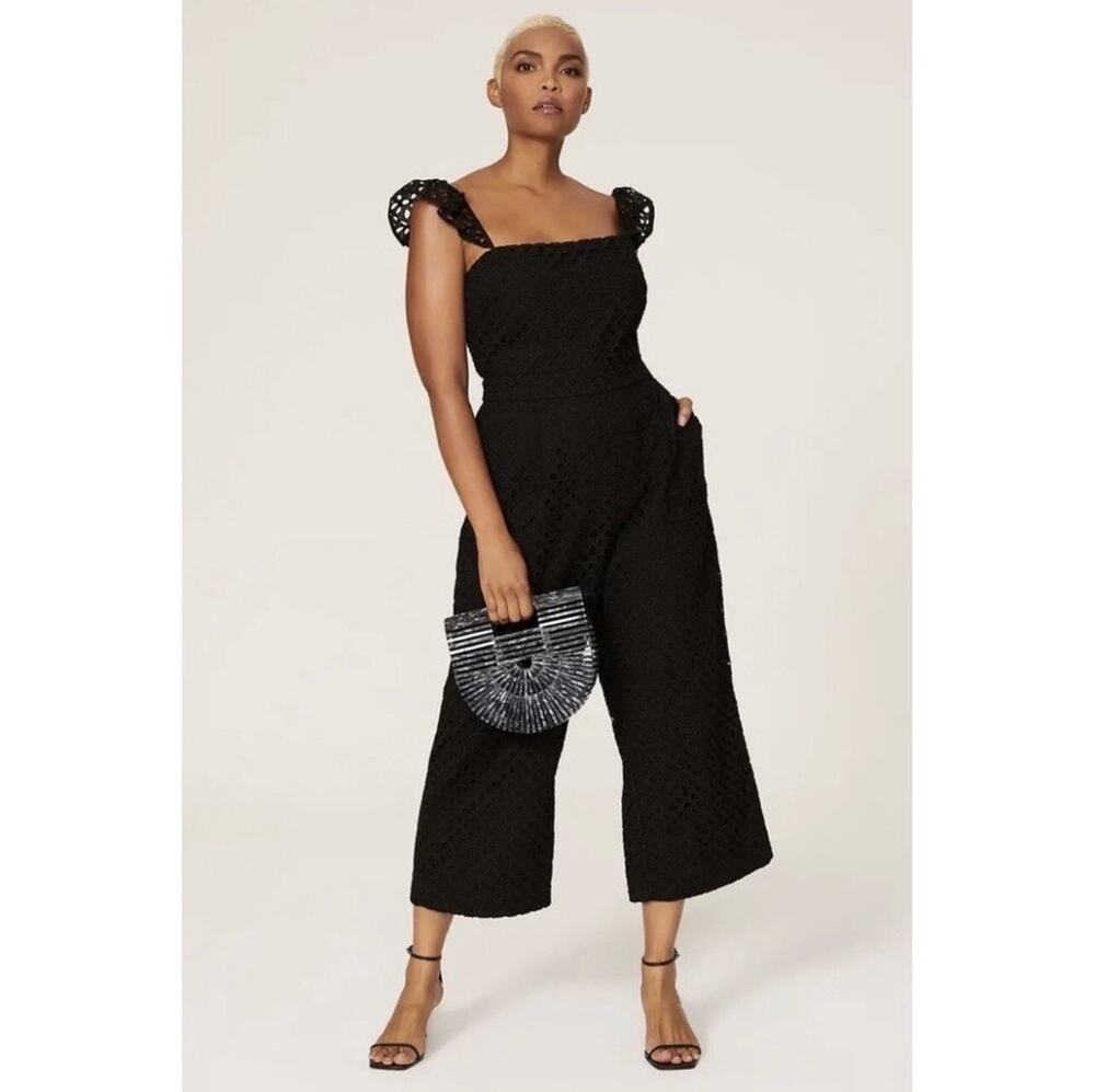 J.Crew Sz 8 Kasana Black Eyelet Wide Leg Square Neck Flutter Ankle Jumpsuit